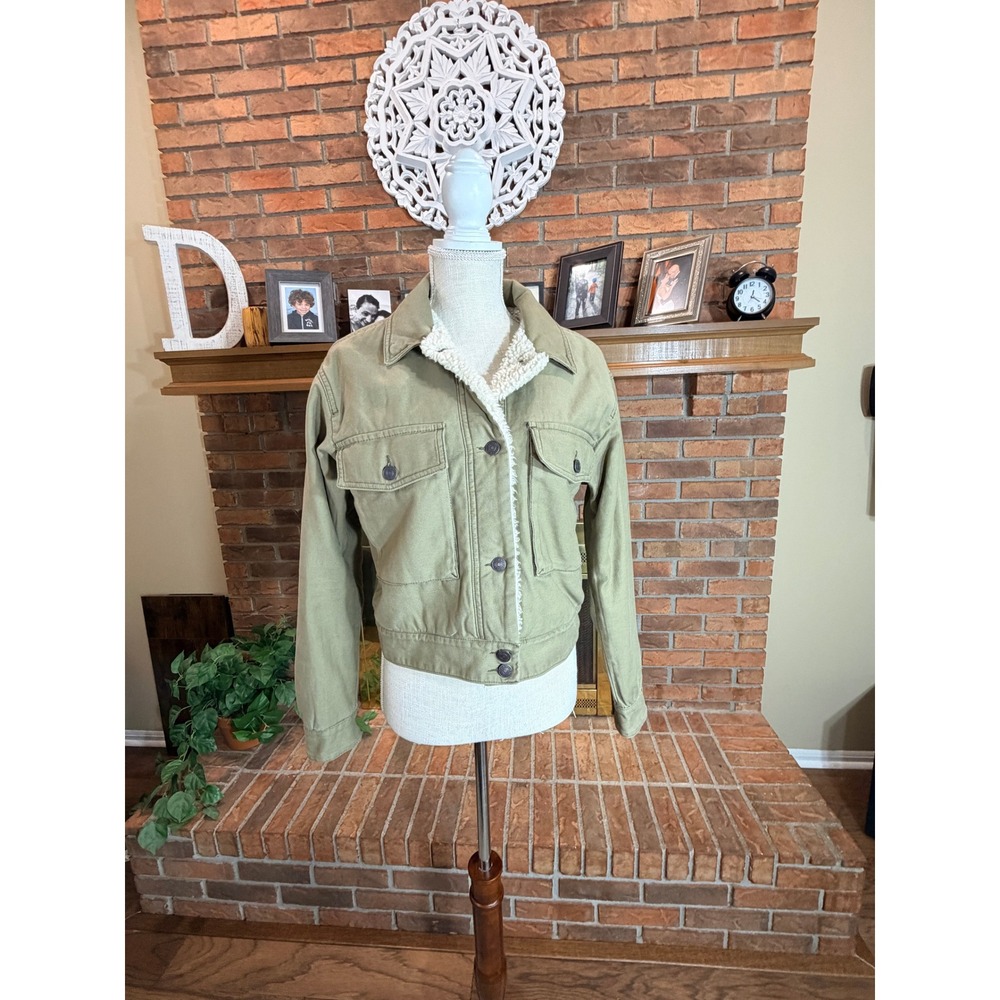 Abercrombie & Fitch Trucker Jacket Women Green Sherpa Lined Cropped M